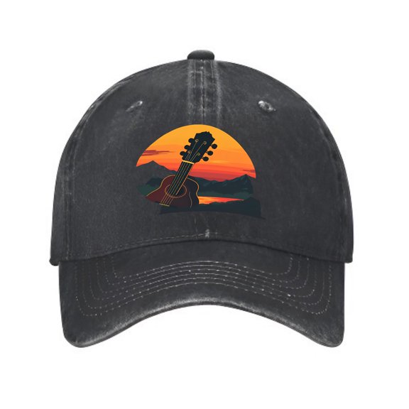 Vintage Cotton Washed Distressed Baseball Cap - Sunset Guitar Design with Mountains Perfect Golf Dad Hat for Men & Women