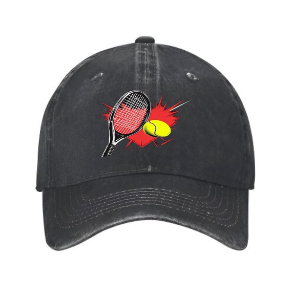 Vintage Cotton Washed Distressed Baseball Cap - Tennis Racket & Ball Graphic Design Red & Yellow Burst Curved Bill Dad Hat for Men & Women