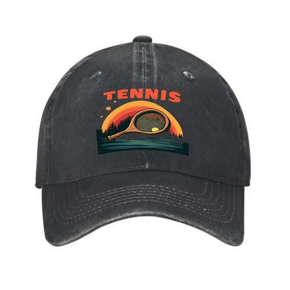 Vintage Cotton Washed Distressed Baseball Cap - Tennis Racket & Ball Graphic with Sunset Trees and ' TENNIS ' Text - Perfect Golf Dad Hat for Men & Women