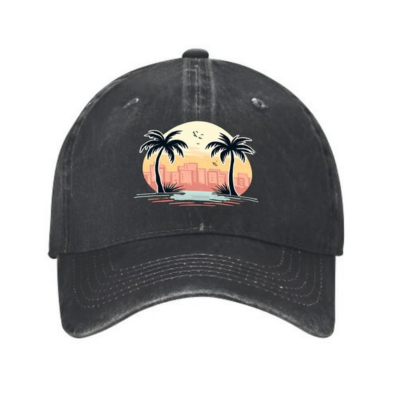 Vintage Cotton Washed Distressed Baseball Cap - Tropical Sunset Palm Trees & City Graphic Design - Golf Dad Hat for Men & Women