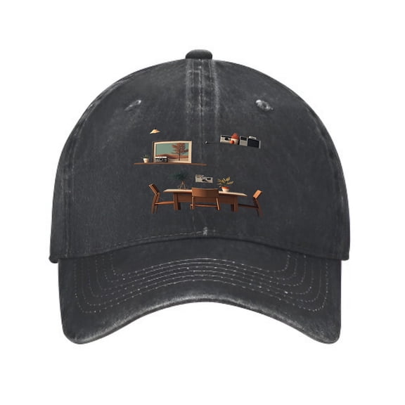 Vintage Cotton Washed Distressed Baseball Cap - Unique Graphic Design of Cozy Room with Table Chairs TV & Plant - Stylish Golf Dad Hat for Men & Women