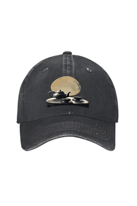Vintage Cotton Washed Distressed Baseball Cap - Unique Teapot & Cups Design with Moon - Stylish Golf Dad Hat for Men & Women