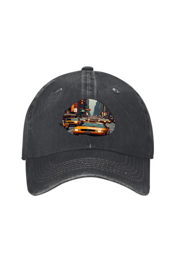 Vintage Cotton Washed Distressed Baseball Cap - Urban City Street Design with Yellow Taxis & Tall Buildings - Adjustable Golf Dad Hat for Men & Women