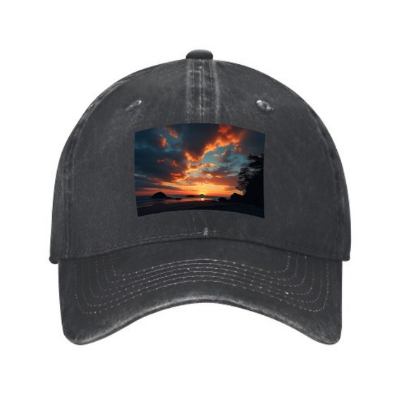 Vintage Cotton Washed Distressed Baseball Cap - Vibrant Sunset Scene Patch Curved Brim Unisex Golf Dad Hat for Men & Women