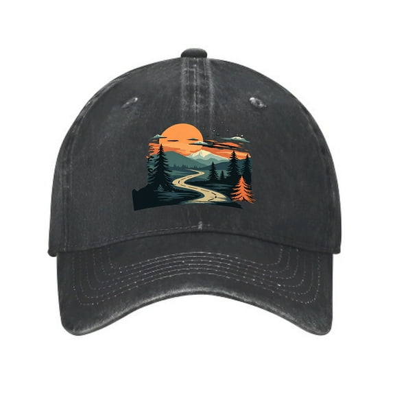 Vintage Cotton Washed Distressed Baseball Cap - Winding Road & Pine Forest Graphic Design Sunset & Mountains - Golf Dad Hat for Men & Women