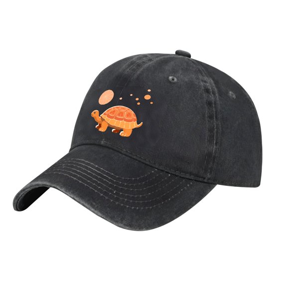 Vintage Cotton Washed Distressed Baseball Cap with Cartoon Turtle Design Orange Bubbles - Adjustable Golf Dad Hat for Men & Women