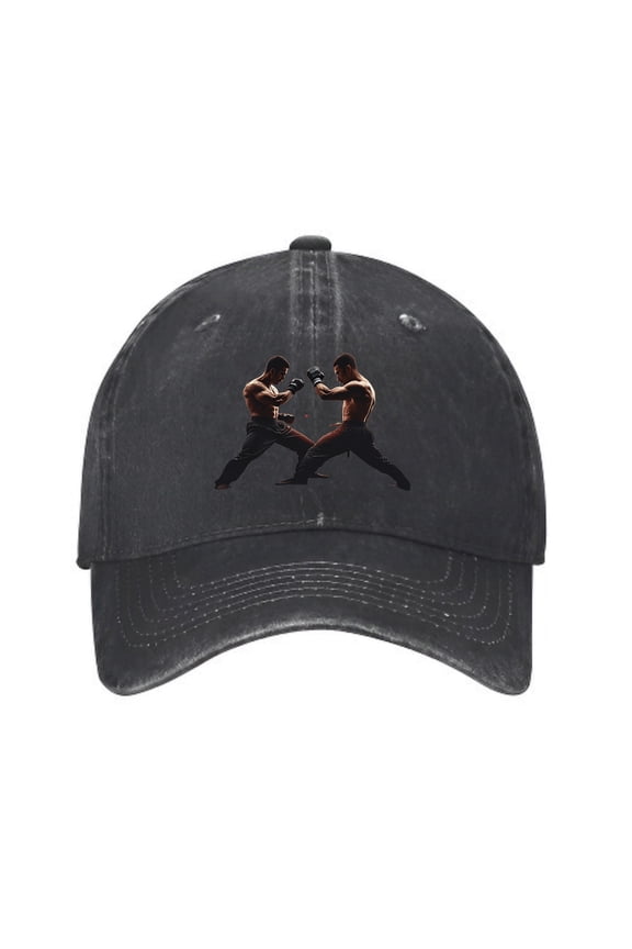 Vintage Cotton Washed Distressed Baseball Cap with Dynamic Boxing Match Graphic - Rugged Golf Dad Hat for Men & Women