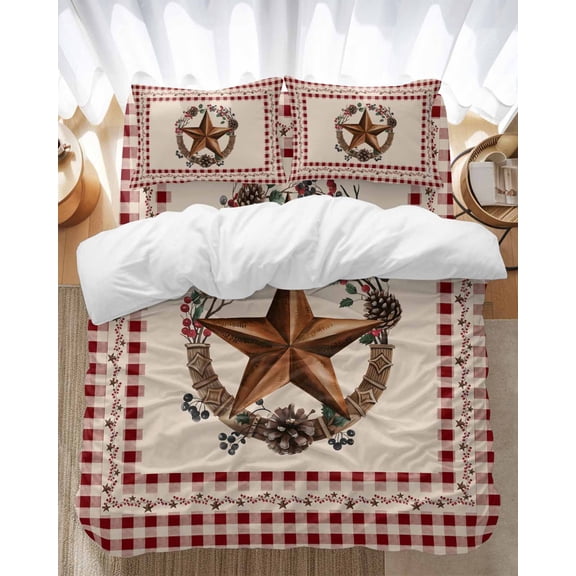 Vintage Country Bedding Duvet Cover Set Twin Size 4 Pieces Star Wreath Farmhouse Red Buffalo Plaid Bedding Set with Zipper Closure, 1 Comforter Cover 68x86 Inches 1 Flat Sheet & 2 Pillow Cases
