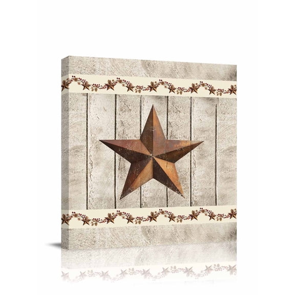 Vintage Country Canvas Wall Art, Rusty Metal Star Berry and Vine Wooden Planks Framed Wall Decor Modern Artwork Prints Painting for Living Room, Bedroom, Kitchen & Cafe Decor 24x24 Inch
