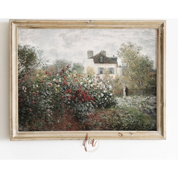 Vintage Country Cottage With Rose Garden Antique Painting, French Country Summer Flower Garden, Muted Pastels French Farmhouse Art Print Wall Art, Modern Wall Decor, 8x12 UNFRAMED