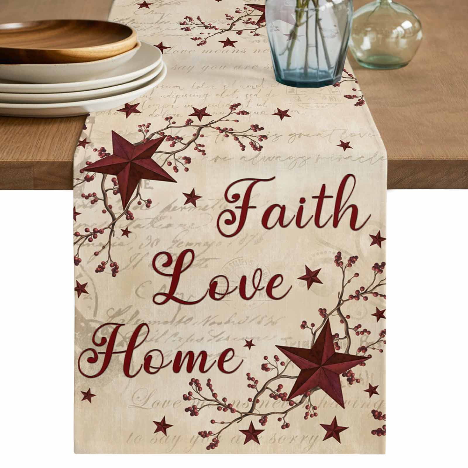 Vintage Country Cotton Linen Table Runner for Dining Kitchen, Vintage Rustic Texas Stars Plants Branch Wedding Outdoor Party Tablerunners, Dresser Scarf Coffee Tablecloth Runners 13x60 Inches