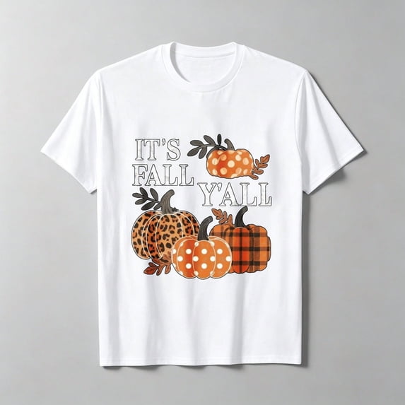 Vintage Country Fall Pumpkin Graphic Tee, Women It's Fall Y'all Leopard Plaid Print Lightweight Short Sleeve Top, Cute Autumn Thanksgiving Holiday Gift Shirt