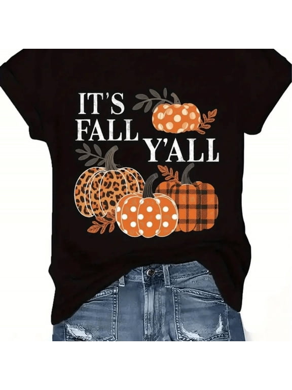 Vintage Country Fall Pumpkin Graphic Tee, Women It's Fall Y'all Leopard Plaid Print Lightweight Short Sleeve Top, Cute Autumn Thanksgiving Holiday Gift Shirt