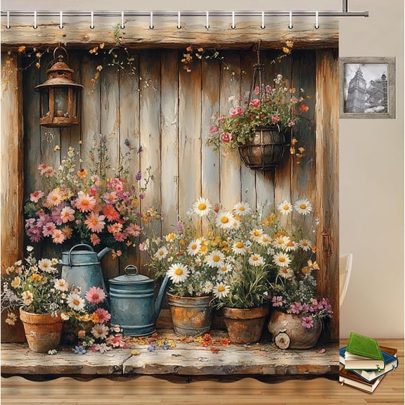 Vintage Country Farm Farmhouse Shower Curtains Flower Plants Potted Plants Rustic Barn Door Wood Panel Background Bathroom Decor Bathtub Partition Cloth Curtain Set-72"W x 72"L (Pack of 1)