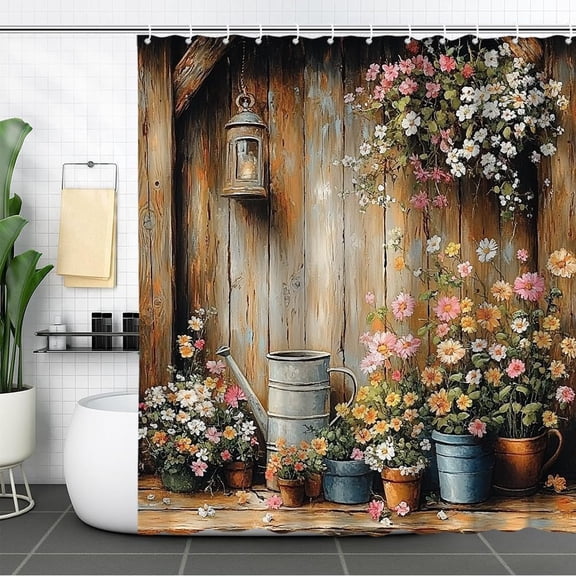 Vintage Country Farm Shower Curtain Farmhouse Colorful Flower Plants Potted Rustic Barn Door Wooden Spring Plant Bathroom Decor Polyester Fabric Curtain with Hooks-60"W x 72"L (Pack of 1)