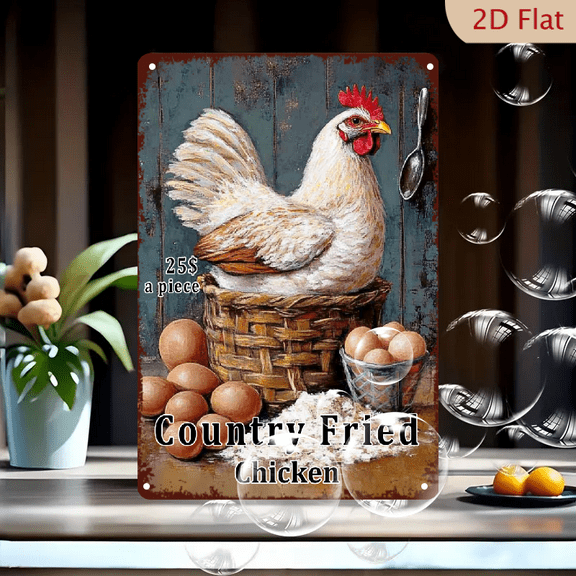 Vintage Country Fried Chicken Metal Sign - Nostalgic Farmhouse Wall Art with Rooster & Eggs Design, Rustic Tinplate Decor for Kitchen, Bar, Cafe, Beach House, or Backyard, Chicken Decor 8*12in