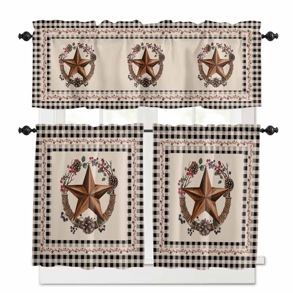 Vintage Country Kitchen Curtains Valances and Tiers Set of 3, 24 Inch Length Tier Curtains and Valance Rod Pocket Valance Curtains Set for Kitchen Bathroom Small Windows