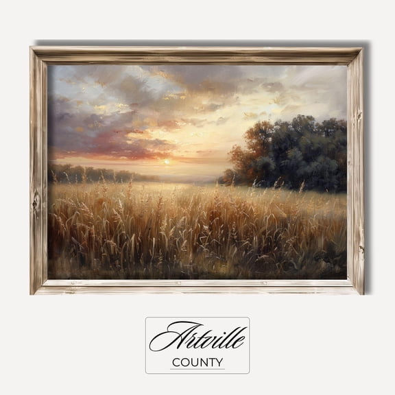 Vintage Country Landscape Painting Cottagecore Decor Countryside Sunset Poster Rustic Wall Decor Moody Wall Art Wheat Field , Poster Print Only