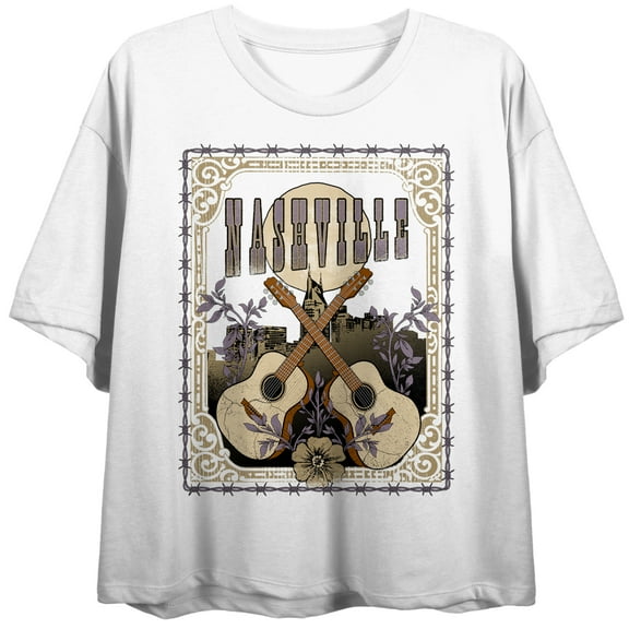 Vintage Country Nashville Guitars Crew Neck Short Sleeve Women's White Crop T-shirt-Medium