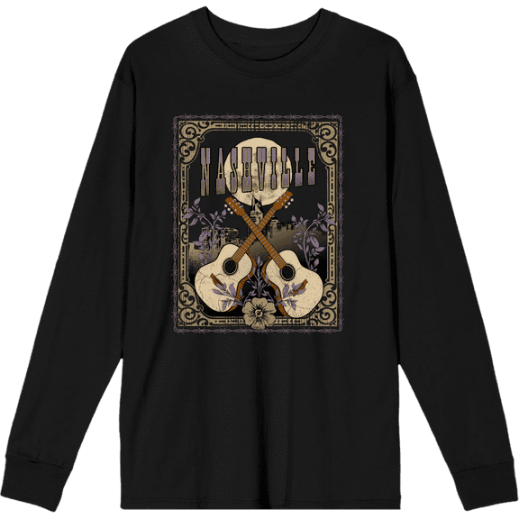 Vintage Country Nashville Guitars With Distressed Flowers Crew Neck Long Sleeve Adult Tee-Large-Black