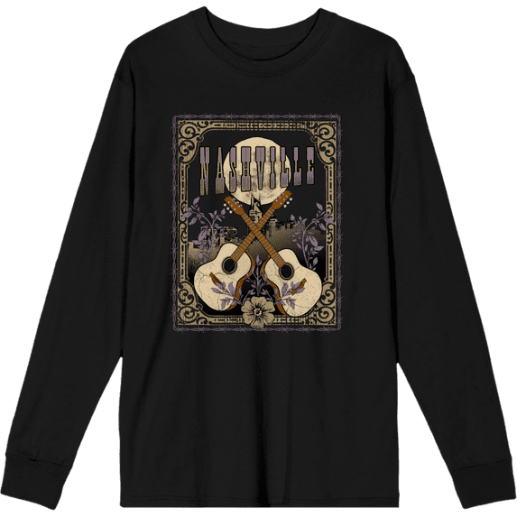 Vintage Country Nashville Guitars With Distressed Flowers Crew Neck Long Sleeve Adult Tee-XXL-Black