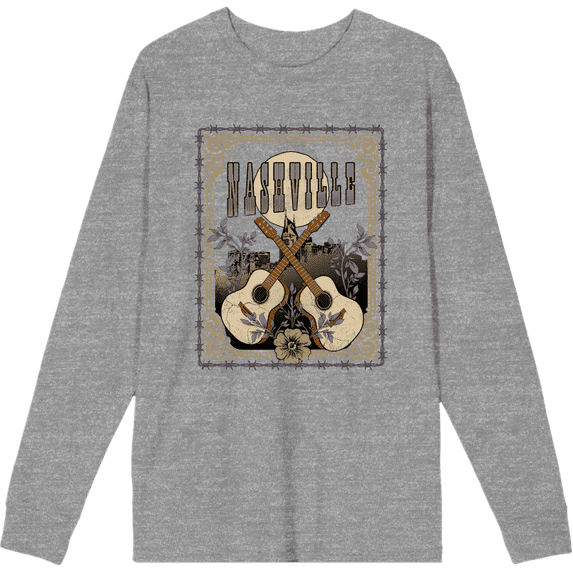 Vintage Country Nashville Guitars With Distressed Flowers Crew Neck Long Sleeve Heather Gray Adult Tee
-3XL