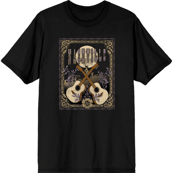Vintage Country Nashville Guitars With Distressed Flowers Crew Neck Short Sleeve Adult T-shirt
-Medium-Black