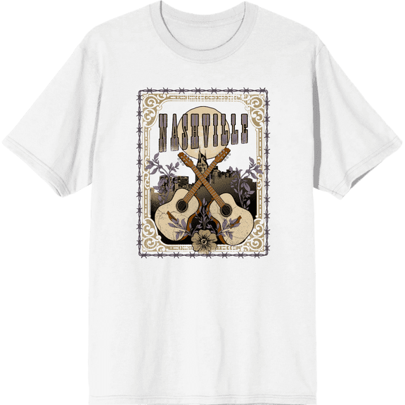 Vintage Country Nashville Guitars With Distressed Flowers Crew Neck Short Sleeve Adult T-shirt
-Medium-White