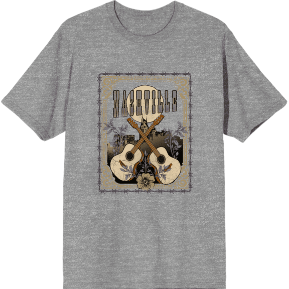 Vintage Country Nashville Guitars With Distressed Flowers Crew Neck Short Sleeve Adult T-shirt
-XXL-Heather Gray