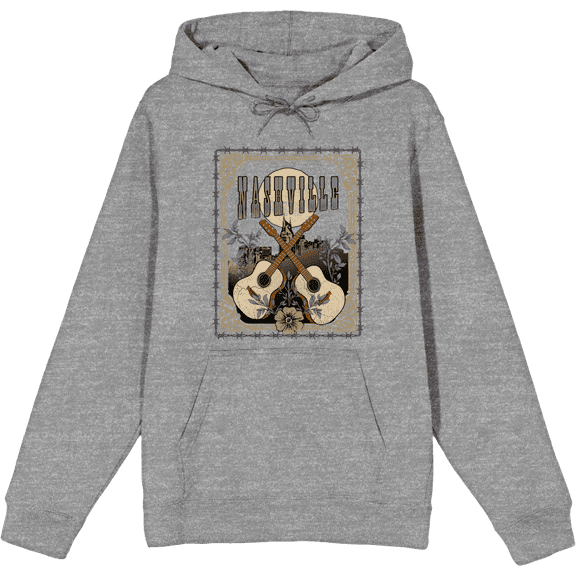 Vintage Country Nashville Guitars With Distressed Flowers Long Sleeve Adult Hooded Sweatshirt-Medium-Heather Gray