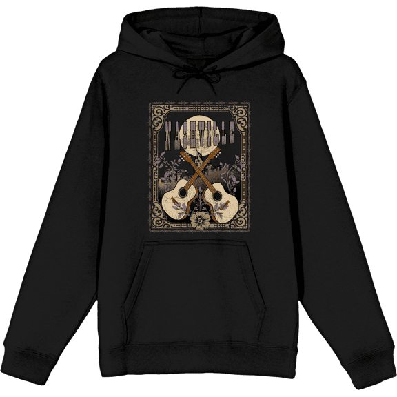 Vintage Country Nashville Guitars With Distressed Flowers Long Sleeve Adult Hooded Sweatshirt-XXL-Black