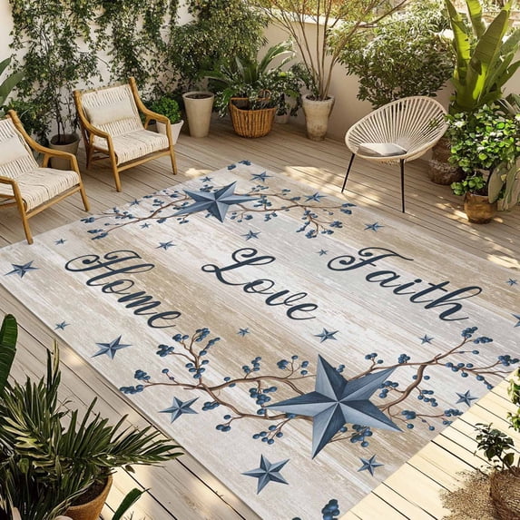 Vintage Country Outdoor Rug for Patio/Deck/Porch, Non-Slip Large Area Rug 5 x 8 Ft, Blue Rustic Texas Star Vines Wooden Grain Indoor Outdoor Rugs Washable Area Rugs, Camping Rug Carpet Runner