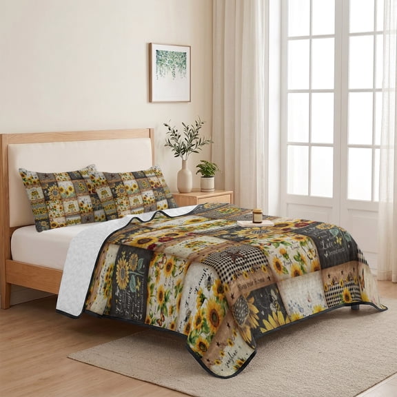Vintage Country Pastoral Sunflower Plaid 3 Pieces Quilt Set,1 Quilt with 2 Shams,Yellow Brown Bedspread Soft Lightweight Bedding Coverlet Comforter Set for All Season 68"x98"