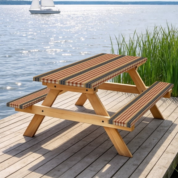 Vintage Country Plaid Striped Picnic Table Slipcovers with Matching Bench Covers, Weatherproof Stain Resistant Foldable Outdoor Picnic Table Protector