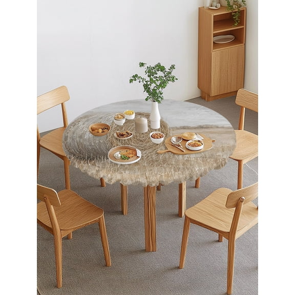 Vintage Country Round Fitted Tablecloth with Elastic Edge, Hay Bale Field Farmhouse Oil Painting Texture Waterproof Stretch Table Covers for 36"-44" Tables Wipeable Table Cloth for Outdoor