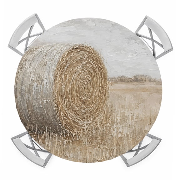 Vintage Country Round Table Cover, Hay Bale Field Farmhouse Oil Painting Texture Waterproof Fitted Tablecloths for 36"-44" Tables, Washable Picnic Table Cover for Camping Dining Indoor Outdoor
