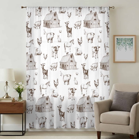Vintage Country Sheer Curtains 108" Extra Long, Farmhouse American Rustic Cabins Animals Light Filering Curtains, Privacy Simi Drapes Floor to Veiling Curtain for Living Room Large Window Treatment