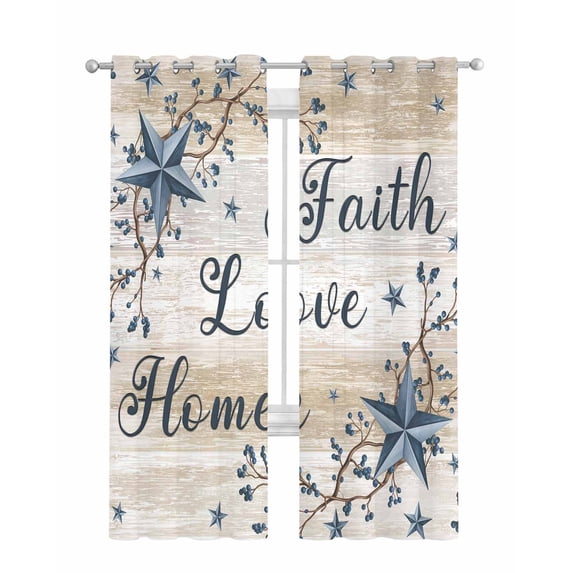 Vintage Country Sheer Curtains 63 Inch Length 2 Panels Set for Living Room/Bedroom, Blue Rustic Texas Star Vines Wooden Grain Kitchen Curtains Grommet Semi-Sheer Curtains Window Treatments 42"x63"x2