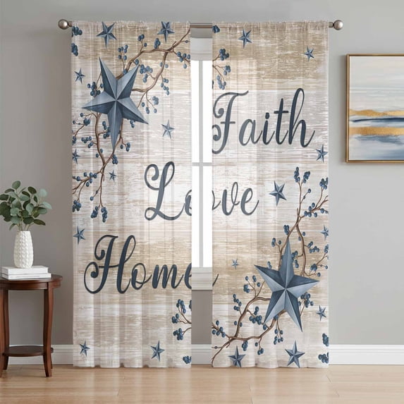 Vintage Country Sheer Curtains 96 Inch Length 2 Panels Set Window Treatments, Blue Rustic Texas Star Vines Wooden Grain Rod Pocket Semi Curtains for Living Room/Bedroom/Kitchen Décor, 104"W x 96"L