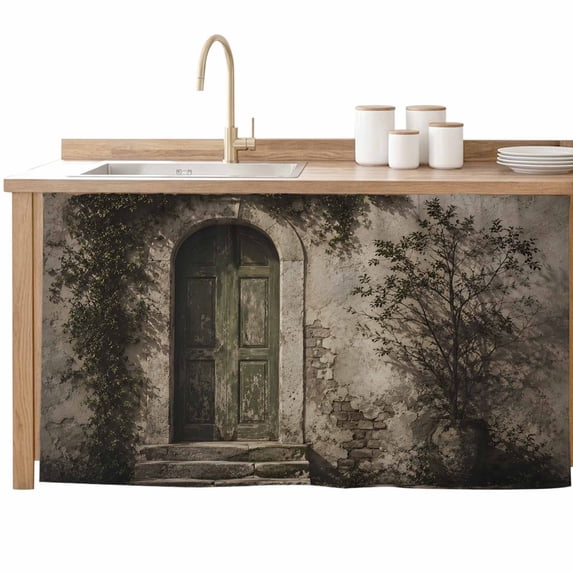 Vintage Country Sink Skirt for Bathroom, Self-Adhesive Under Sink Curtain, Rustic Tree Branch Leaves Retro Arched Door Hide Pipes & Storage Fabric Cabinet Skirt Cover for Kitchen Laundry 32"x55"