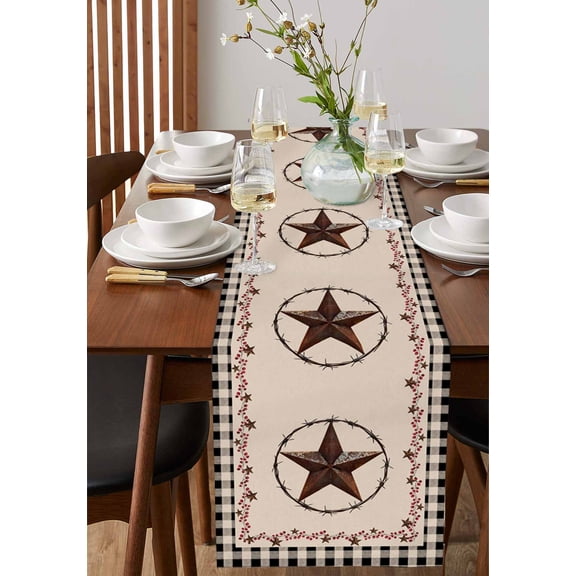 Vintage Country Star Ring Table Runner 13x72in Non-Slip Cotton Linen Table Runners, Black Buffalo Plaid Dresser Scarves TableRunner for Dinner Kitchen Dining Wedding Party