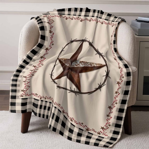 Vintage Country Star Ring Throw Blanket Flannel Fleece Throws, Black Buffalo Plaid Lightweight Super Soft Warm Blankets for Couch Sofa Bed All Season Use, 50x60 in
