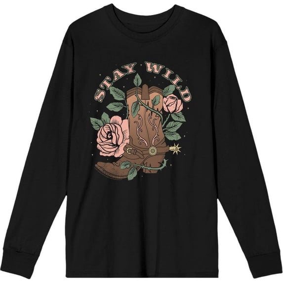 Vintage Country Stay Wild Adult Black Crew Neck Long Sleeve Tee-Large