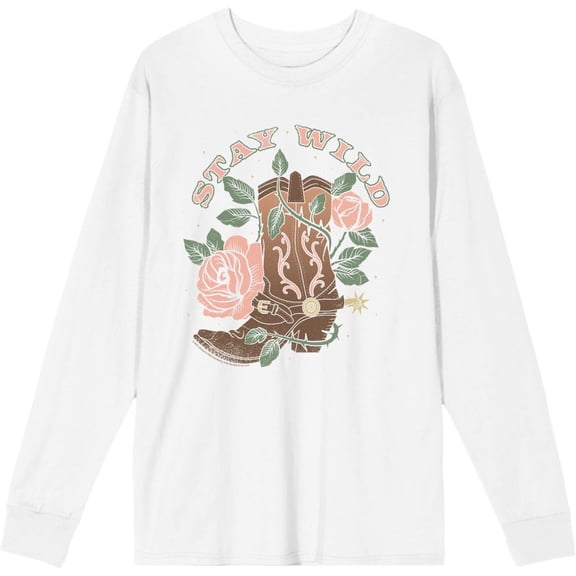 Vintage Country Stay Wild Adult White Crew Neck Long Sleeve Tee-Medium