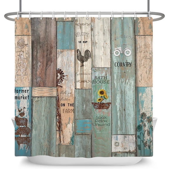 Vintage Country Style Shower Curtain Colorful Wood Panels with Farm Patterns Farmhouse Shower Curtain Decor with Hooks,72x72 Inch Polyester Fabric with Hooks