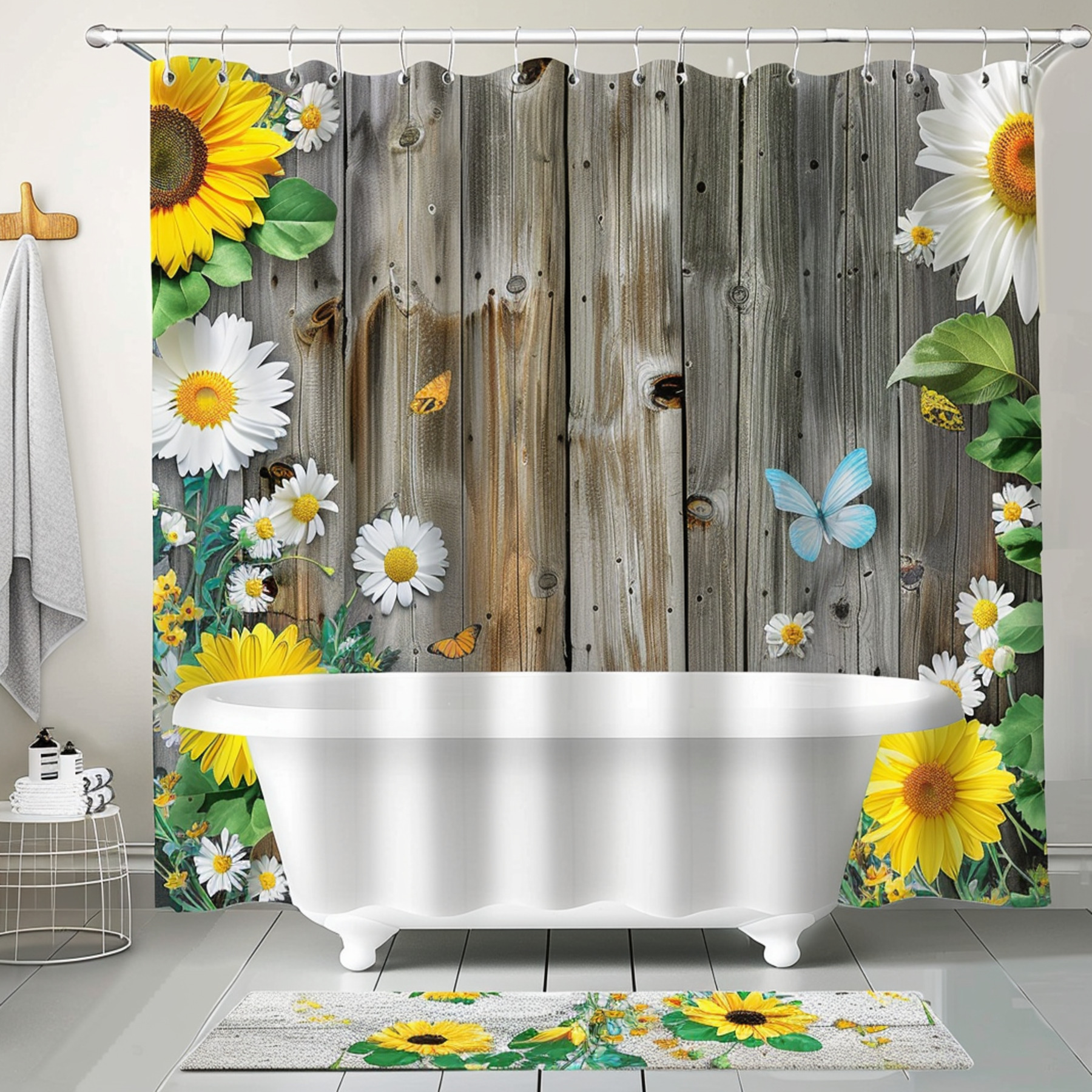 Vintage Country Sunflower Daisy Bathroom Curtain Grey Wood Rustic Decor ...