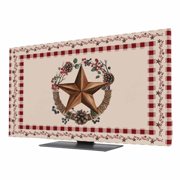 Vintage Country TV Dust Cover 24 Inch, Star Wreath Farmhouse Red Buffalo Plaid Computer Monitor Cover Dustproof Stretchable Indoor TV Screen Protector for LED LCD Universal Monitors