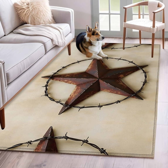 Vintage Country Washable Area Rug 4 x 6 ft Western Lone Star Metal Circle, Soft Non Slip Rugs Stain Repellent Indoor Felt Carpet for Living Dining Room Bedroom Home Office