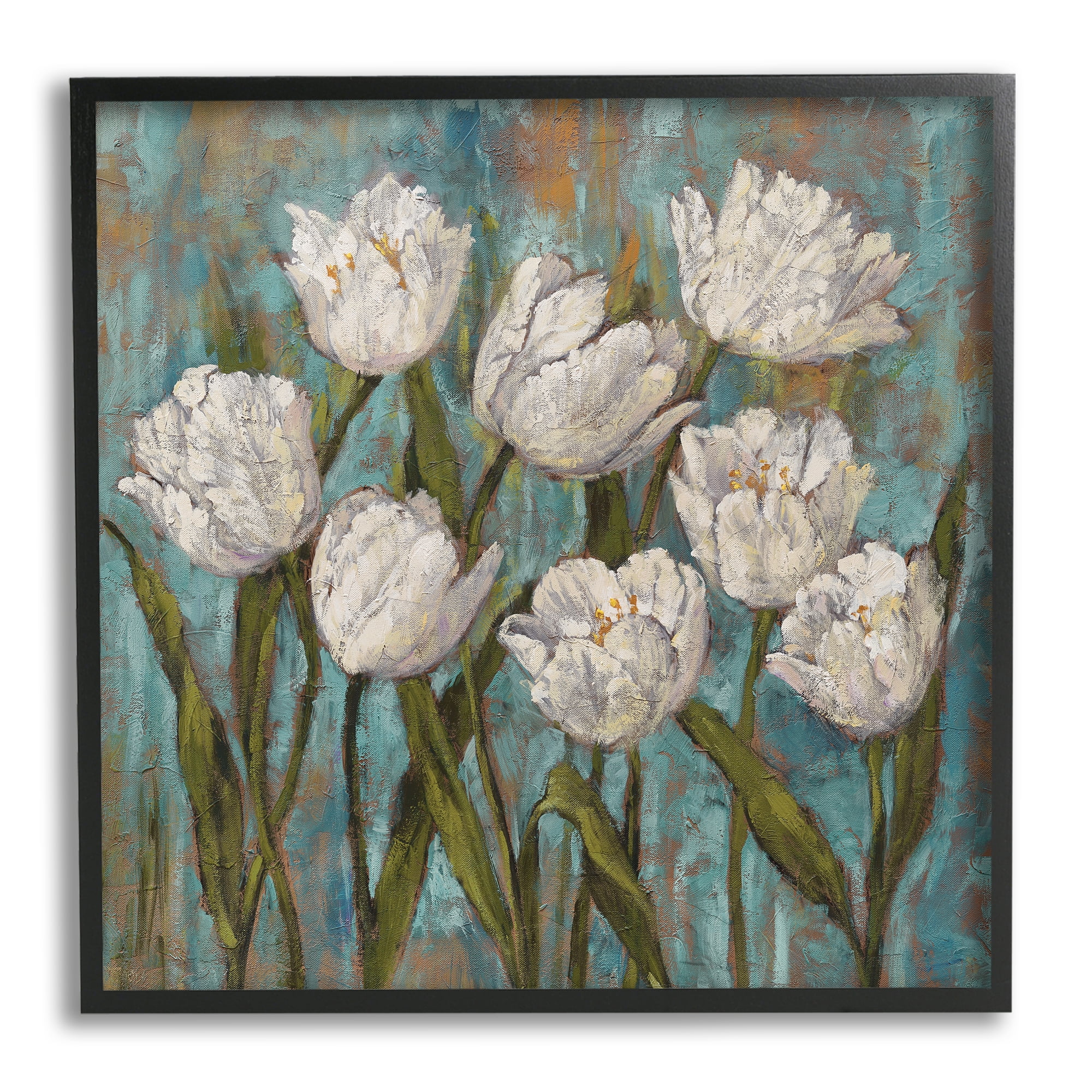 Vintage Country White Tulips over Distressed Soft Blue Botanical & Floral Framed Art Print Wall Art, 17x17