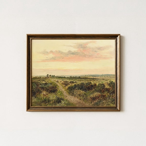Vintage Countryside Landscape Antique Pastoral Sunset Wall Art Moody Old World Décor